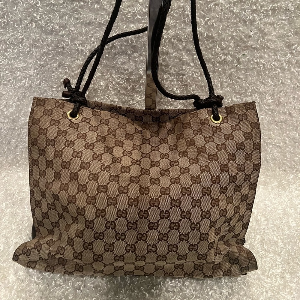 Gucci Tote GG Biege Dark Jacquard Leather Brown Shoulder Bag